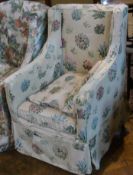 Nineteenth century wing armchair, with square back, down swept arms, loose cushion seat, cotton