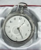 George III silver pair-cased pocket watch, key winding with enamel dial, seconds numerals to the