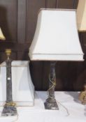 Pair continental marble table lamps, Doric style column on plinth base, 59cm high, with pale blue