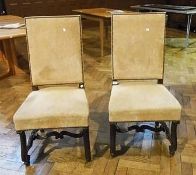 Pair Spanish/Portuguese antique side chairs, each with rectangular upholstered back and stuffover