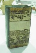 Louis Hudson studio pottery vase, rectangular form, incised decoration of geometric forms, 13cm high