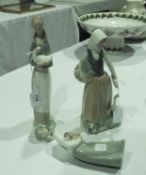 Lladro figure of girl holding a duck, Lladro pheasant girl and another holding a chicken (af) (3)