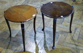 Pair stained wood metal mounted occasional tables, each with circular top on plain cabriole style