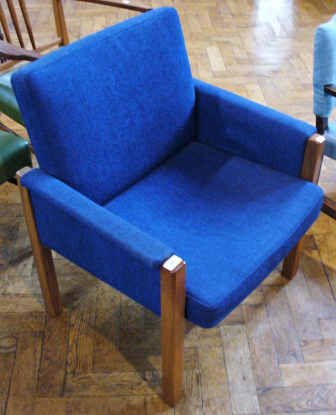 Twentieth century Gordon Russell style designer armchair with blue upholstery, on square legs
