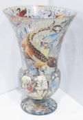 Italian (?) painted glass vase, flared and tapering, decorated with fish and other sealife, 32cm
