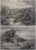 Pair black chalk
Charles James Adams 
Sheep and cattle beneath trees beside river, 38 x 56cm and