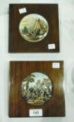 Pair framed Prattware pot lids, "Hauling in the Catch" and "Village Revelries", (2)