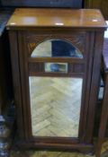 Late Victorian/Edwardian walnut music cabinet, the door carved with fan spandrels, mirrored door