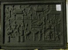 Chinese tea brick embossed with scenes of tea factory together with pencil drawing  of the scene