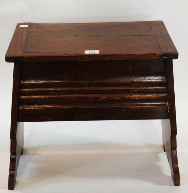 Old oak box top stool with hinged top on splayed supports, width 52cms