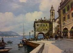 Oil on canvas
Maximo Moreno
"Lake Como", a busy harbour scene with stone arched building, signed, 49