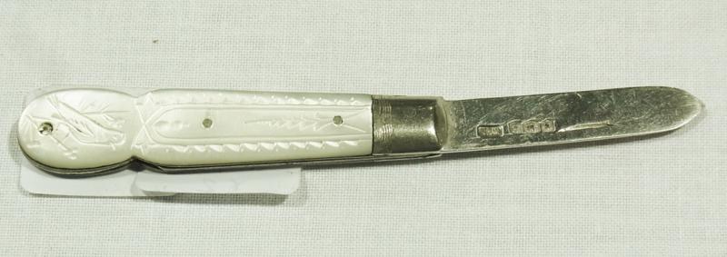 Silver mounted mother of pearl fruit knife, Sheffield assay together with a modern silver photograph