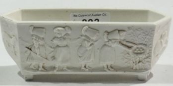 Victorian Sowerby pressed glass posy trough, white, decorated with Kate Greenaway style girls in