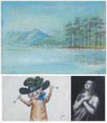 Watercolour 
Lake scene, indistinctly signed, dated 1919 together with a 
Print 
St. Madeleine and a