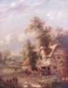 Oil on canvas
Edwin Masters
Busy farmyard scene with horses feeding before a thatched barn, 46 x