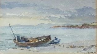 Watercolour
Attributed to Rose Hake, (Nineteenth century)
Study of a beached fishing boat in a