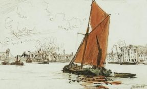 Watercolour 
Douglas Ian Smart, R.E. (1879-1970) 
View of the River Thames and London Bridge,