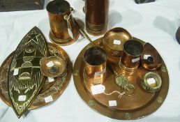 Assorted copper items to include:- pen holders, tankard, vase, candle holder, tray, brass toasting