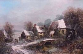 Oil on canvas
Harry Foster Newey
Figures before an old watermill in Winter, signed and dated 1888,