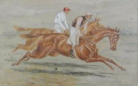 Watercolour on ivory
19th century English School 
Horse racing scene, 12 x 18cm
