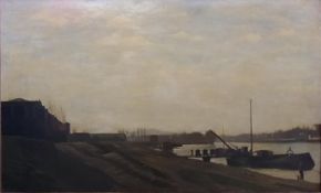 Oil on canvas
Ernest Emile Armand Delille (French 1843-1883)
Extensive river landscape with barges