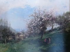 Oil on canvas 
Thompson Hodgson Liddell (1860-1925) 
"Summertime" a farm orchard with turkeys and