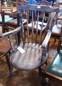 Victorian kitchen armchair with splat back, solid seat, on turned legs with stretcher