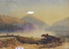 Watercolour
G. Scott 
Highland loch scene, cattle with figure and mountainous background, signed and