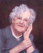 Oil on canvas
Valarie Chilton
Bust portrait of an elderly lady, bespectacled and wearing a blue