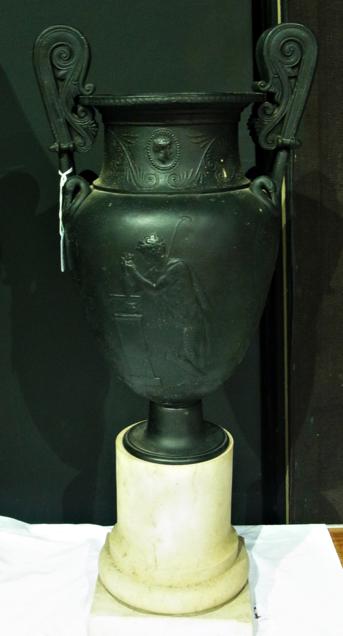 Large French empire bronze two-handled classical urn, figure, mask and palmette embossed and the