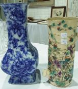 Losol ware blue and white transfer printed vase, 34cm high and a ceramic cylindrical vase with