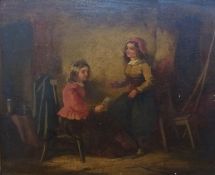 Oil on panel 
Creig (?) 
Cottage interior with two figures reading a letter, unsigned, 24 x 29 cm