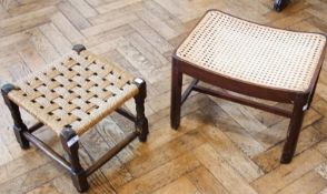 A small oak rush seated stool, on turned legs united by stretchers together with a rectangular