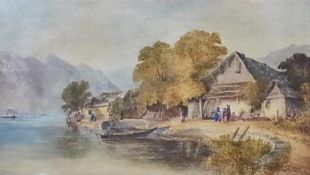 Watercolour
William Leighton Leitch (1804-1883)
Swiss lake scene, with figures by rustic buildings