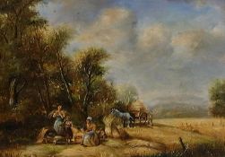 Oil on panel 
Reproduction 19th century English School
Haymaking scene with figures and wagon, 29