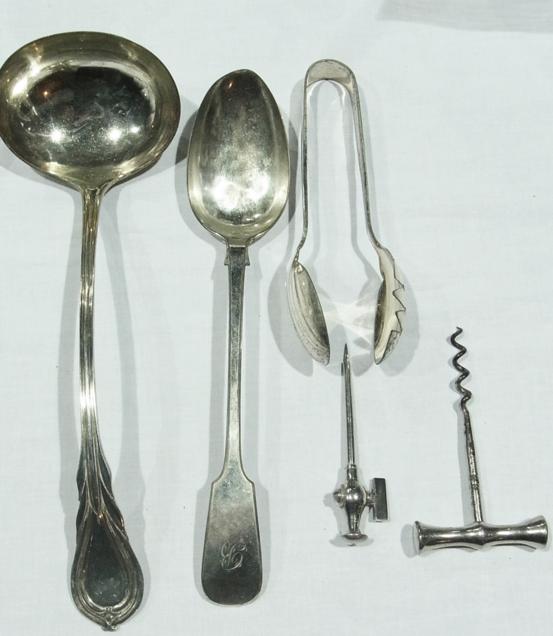 Pair silver plated serving tongs, silver plated soup ladle, gravy spoon, tasting tap and corkscrew