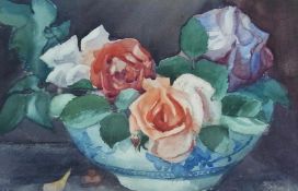 Watercolour
E. M. Oliver (English school circa 1930)
Still life of roses in a bowl, signed lower
