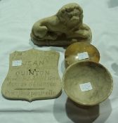 Carved marble model lion, seated, 16cm wide, ochre marble pot and cover, small footed marble bowl