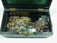 Small quantity of costume jewellery, earrings, brooches etc., in leather box