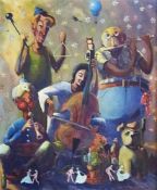 Oil on board 
Roy Bronson 
"Dream", an assortment of figures playing musical instruments with