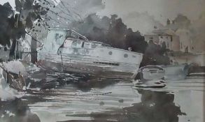 Watercolour
R.M. Bolton
Study of a beached river cruiser, signed and dated (19)'76, 25 x 40cm