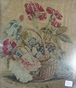 19th century petit point tapestry picture, basket of flowers with a bird and nest, oak framed, 35