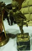 Gilt bronze Cupid, poised on one foot and on variegated marble plinth base, 34.5 cm high