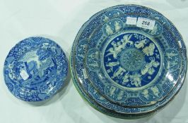 A pair of Spode's Tarragon pattern side plates, four nineteenth century blue and white plates, a