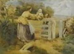 Watercolour
Attributed to Arnold Foster
A country family at five-bar gate, 12.5 x 17cm