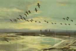Colour Print
Peter Scott
Geese in the evening over an estuary, pencil signature lower right, print