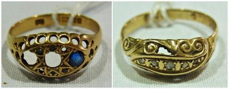 18ct gold ring, set single sapphire (two stones missing, worn) and 18ct gold and diamond five-