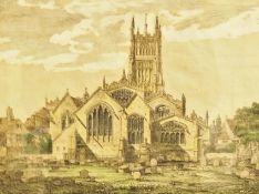 Handcoloured engraving 
After S. Lysons, published 1804
"East View of Cirencester Church", 25 x 31