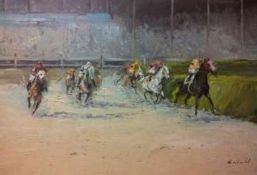 Oil on canvas
Twentieth century school
Horseracing scene with horses rounding a bend, signed