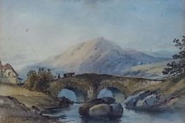 Watercolour
Henry Earp Senior 
Figure with cattle crossing bridge, within a mountainous landscape,